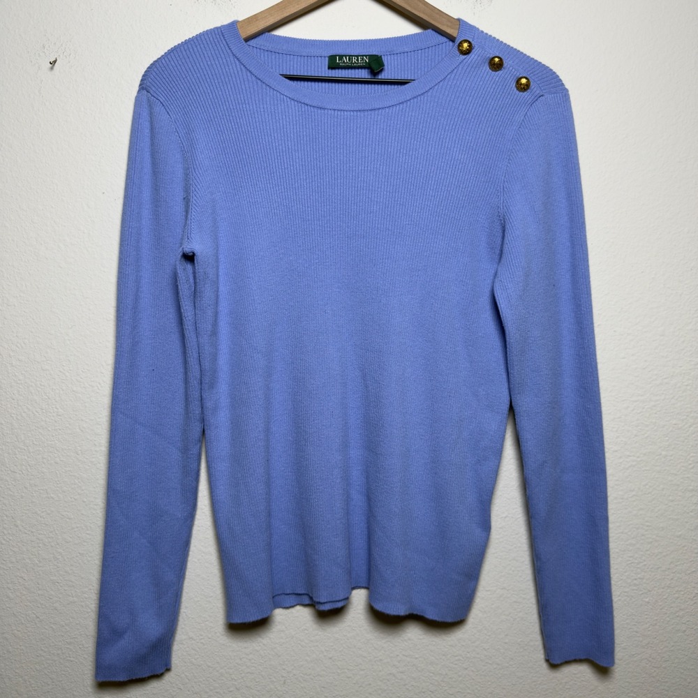 Lauren Ralph Lauren Women Cotton Preppy Sweater Blue Gold Button Rib Equestrian